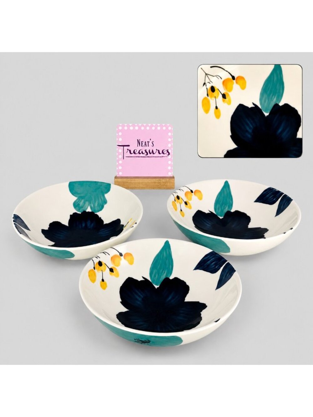 Baum Brothers BELLA FLORAL Turquoise Yellow Floral 8" Soup Cereal Set Bowls of 3